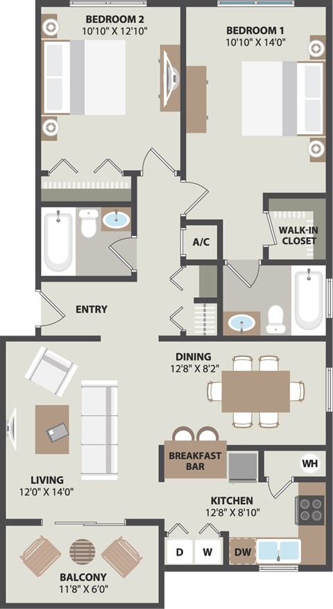 Floor plan for 2 beds, 2 baths, 930 sqft
